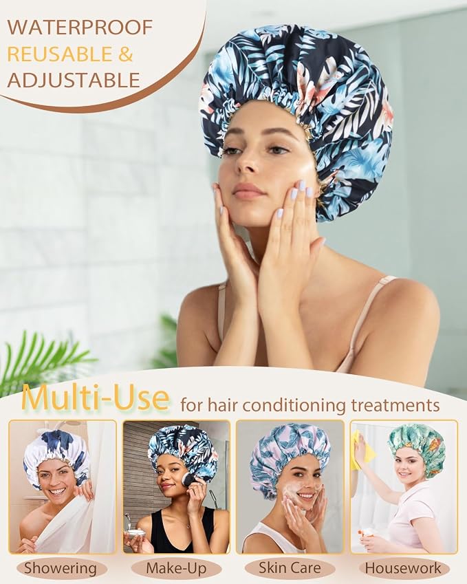 Large Shower Caps for Women Reusable Waterproof Satin Lined Shower Cap - Image 2