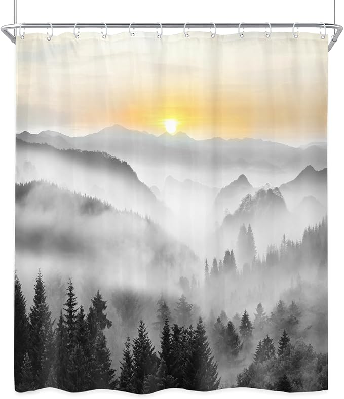 Riyidecor Misty Mountain Shower Curtain 60Wx72H Inch Sunrise Foggy Woodland - Image 8