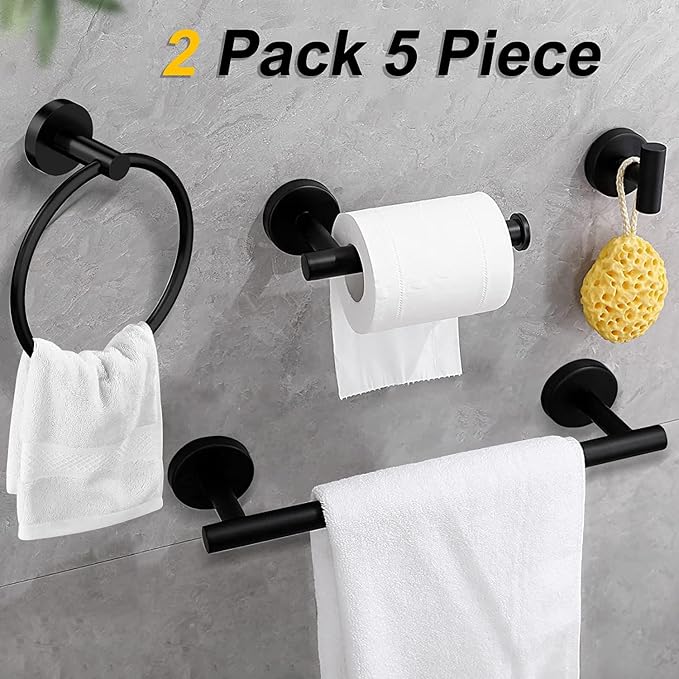 Cilee 10-Piece Matte Black Bathroom Accessories Set, 16 inch Towel Rack + Towel - Image 2