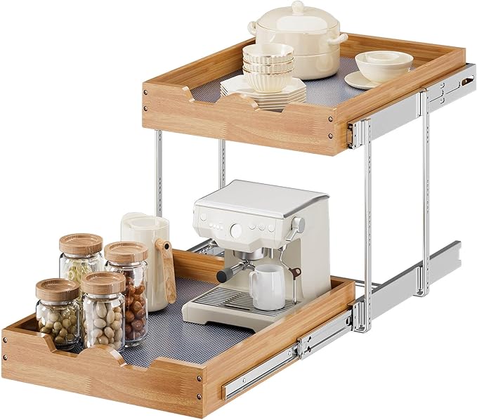 OCG 2 Tier Pull Out Cabinet Organizer, Double Tier Slide out Wood Drawer Shelf by OCG