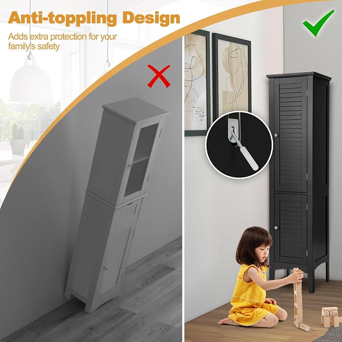 COSTWAY Tall Bathroom Storage Cabinet, 5-Tier Freestanding Linen Tower Cabinet - Image 7