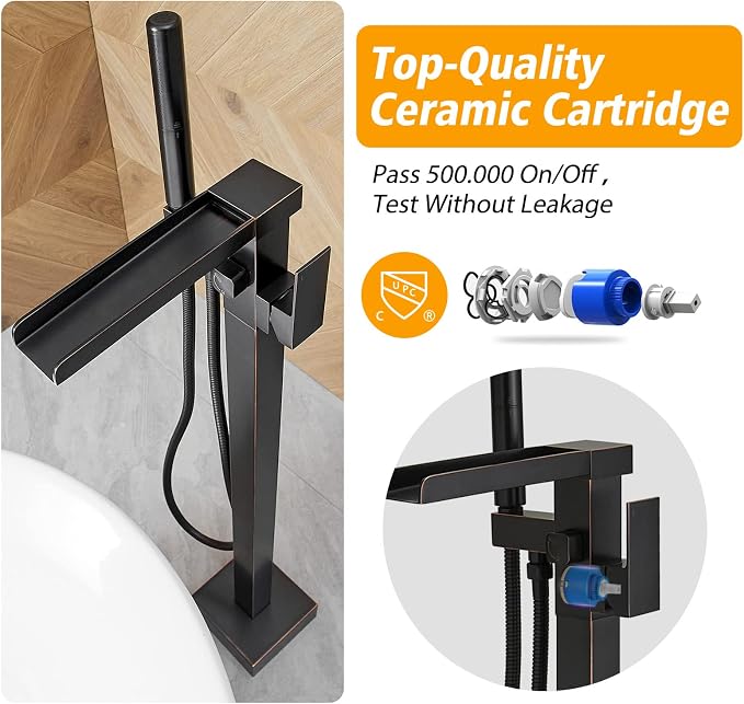 BESy Freestanding Bathtub Faucet Waterfall Tub Filler Oil Rubbed Bronze Floor - Image 3