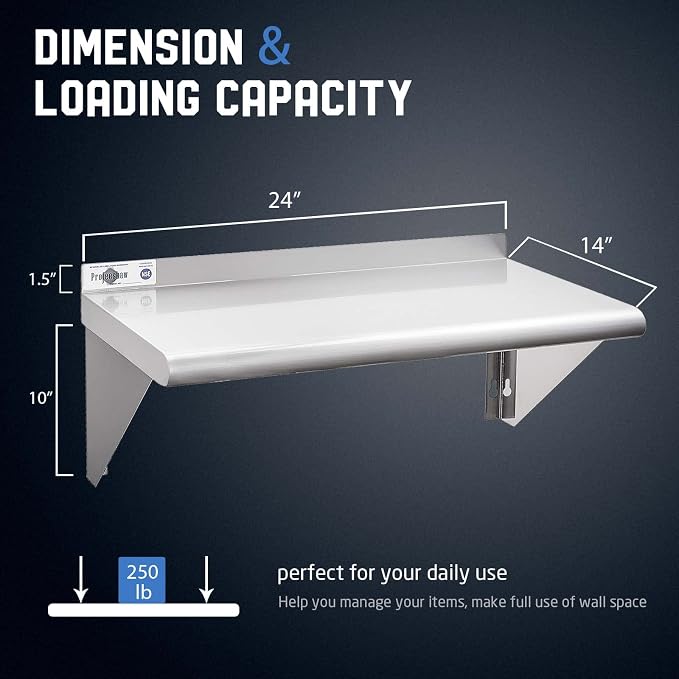 Profeeshaw NSF Stainless Steel Shelf 14” x 24”, 250 lb Commercial Shelves Wall - Image 3