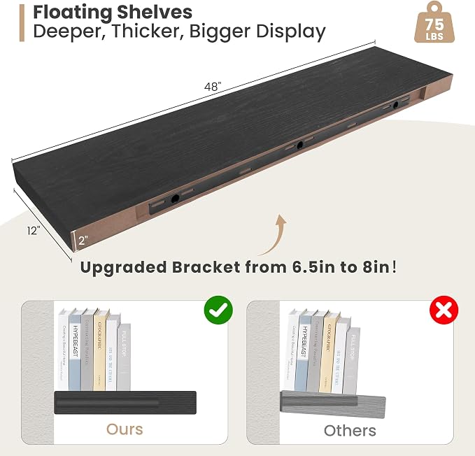 Heimlove 12 Inch Deep Floating Shelves, 48 x 12 inches Long Wall Shelf - Image 3