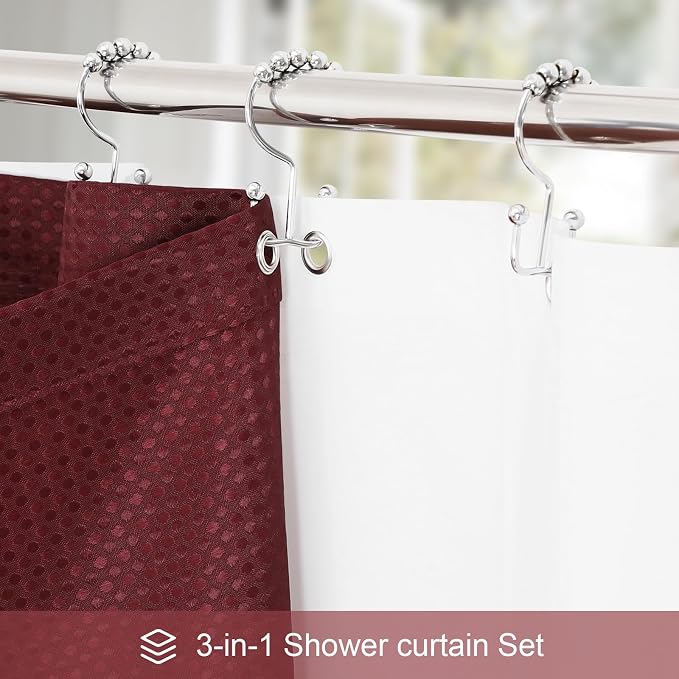 3 in 1 Shower Curtain Set, Burgundy Waffle Shower Curtain and PEVA Liner Set - Image 2