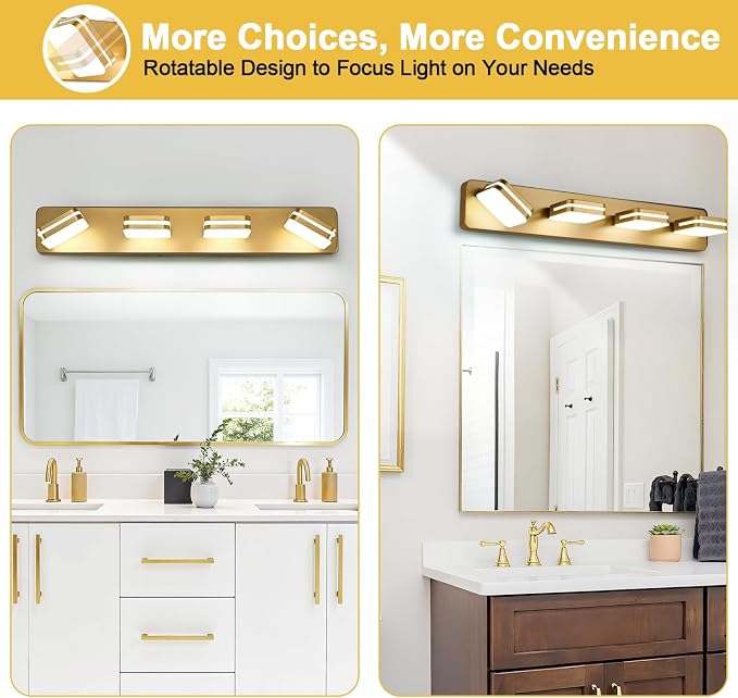 360° Rotate LED Dimmable Bathroom Vanity Light Fixtures, 1600LM Acrylic Gold - Image 7