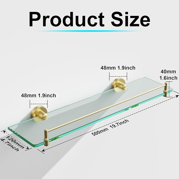 20 Inches Glass Shelves for Bathroom, Brushed Gold Floating Glass Shelf - Image 3