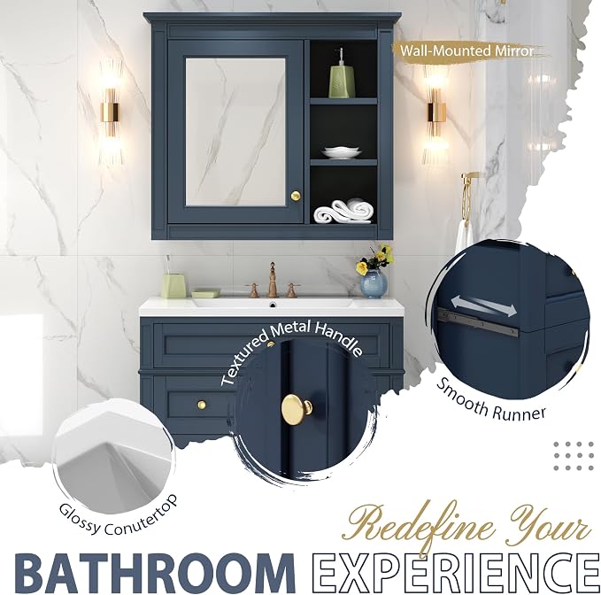 30" Bathroom Vanity with Matching Medicine Cabinet, Modern Sink Storage Cabinet - Image 6
