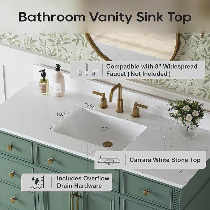48" Bathroom Vanity with Sink, Sea Green Painted Vanity with Countertop & - Image 4