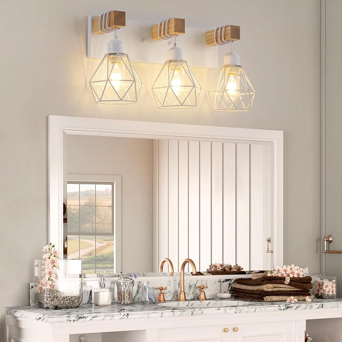 Farmhouse Vanity Light for Bathroom, 3-Light White Wood Bathroom Vanity Light - Image 9