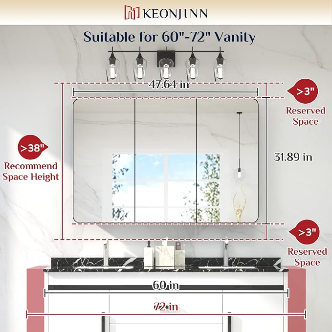 Keonjinn 48 x 32 Inch Large Black Medicine Cabinets, Recessed Bathroom Medicine - Image 3