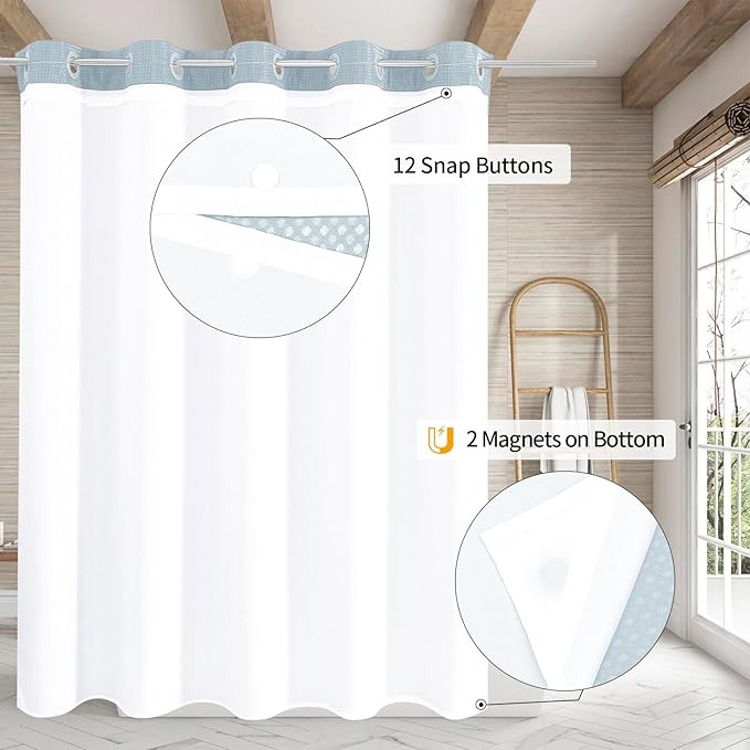 MitoVilla No Hooks Needed Blue Waffle Shower Curtain Liner Set, Modern Waffle - Image 2