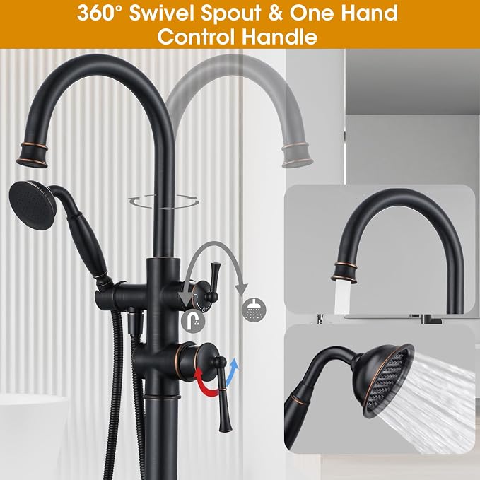 Freestanding Tub Faucet, Floor Mount Tub Faucet Oil Rubbed Bronze High Flow Tub - Image 2