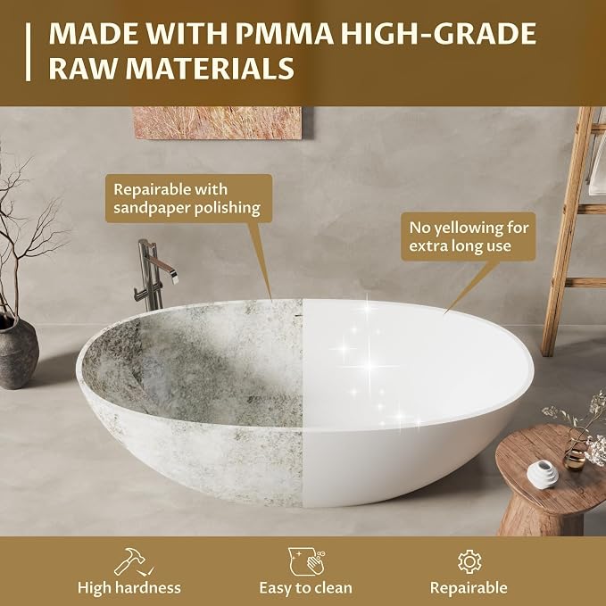 GarveeLife Freestanding Solid Surface Bathtub 65 Inch – Matte White Stone Stand - Image 4