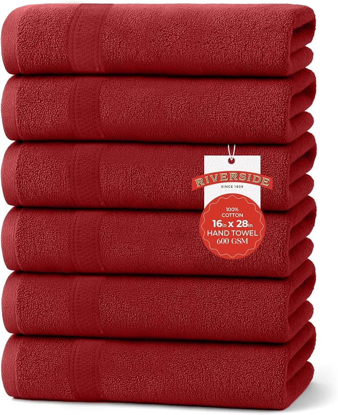 RIVERSIDE 6 Pack Premium Hand Towels Set, 16x28 inches, 100% Ring Spun Cotton by RIVERSIDE