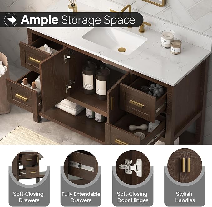 48 Inch Bathroom Vanity with Sink, Farmhouse Storage Cabinet with Drawers & - Image 4