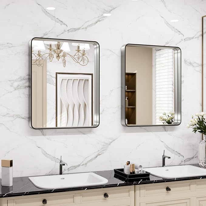 LOAAO 20x16 Inch Brushed Nickel Bathroom Mirror, Rounded Rectangle Silver Metal - Image 4