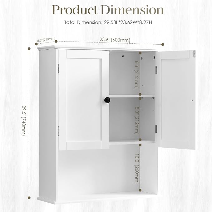 Bathroom Wall Cabinet, Hanging Cabinet Over Toilet Storage Adjustable Shelves - Image 3