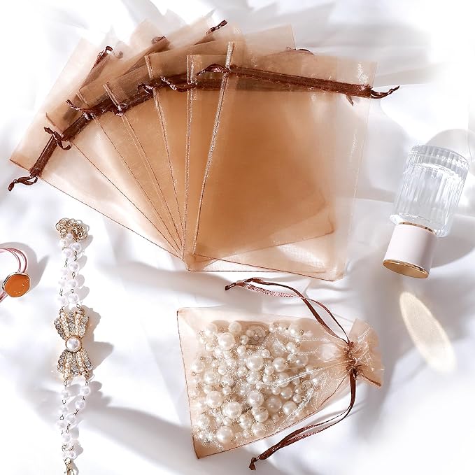 Hopttreely 100pcs Organza Bags, Light Brown 4''x4.72'' Satin Drawstring Organza - Image 4