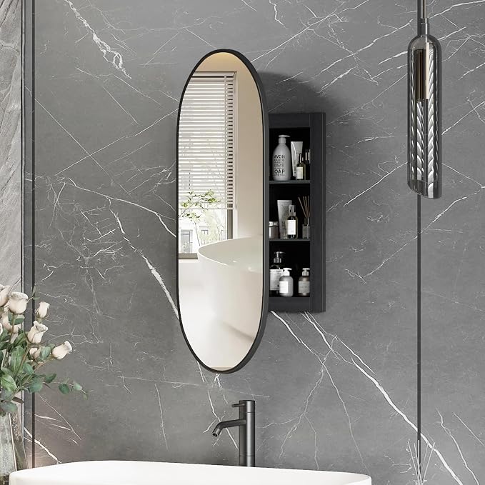 Oval Medicine Cabinet Mirror for Bathroom, Recessed Black Medicine Cabinet by Mepplzian