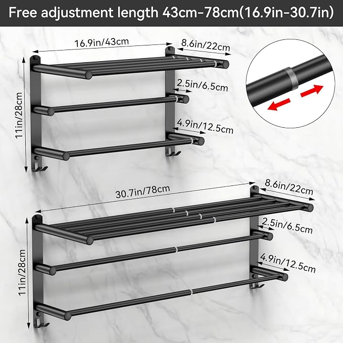Black Adjustable Towel Bar for Bathroom Wall Mount17-30.7inch Adhesive Shower - Image 3