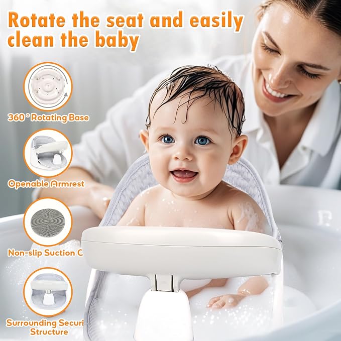 Swivel Baby Bath Seat, Openable Armrest and 360° Rotatable Baby Bath Seat - Image 5