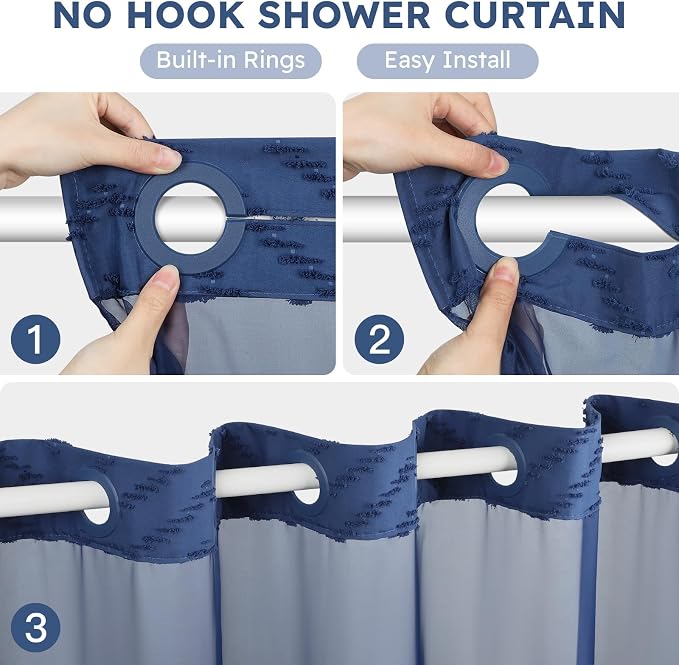 No Hook Shower Curtain and Snap in Liner Set Navy Blue Tufted Chevron Striped - Image 2