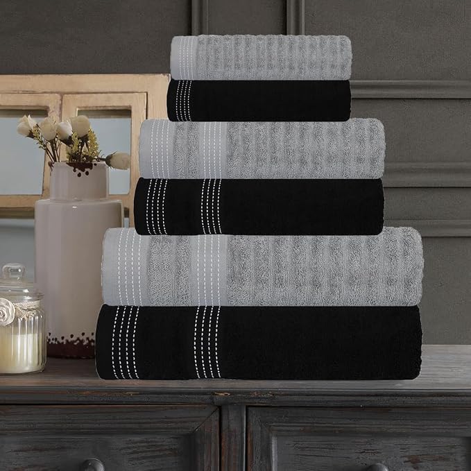 CASA COPENHAGEN® Elegance 6 Pieces Towel Set- Grey Violet + Black, 550 GSM - Image 2