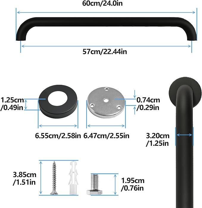 Shower Grab Bar, 2 Pack 24 Inch Black Bathroom Grab Bar, 1.25" Diameter - Image 2