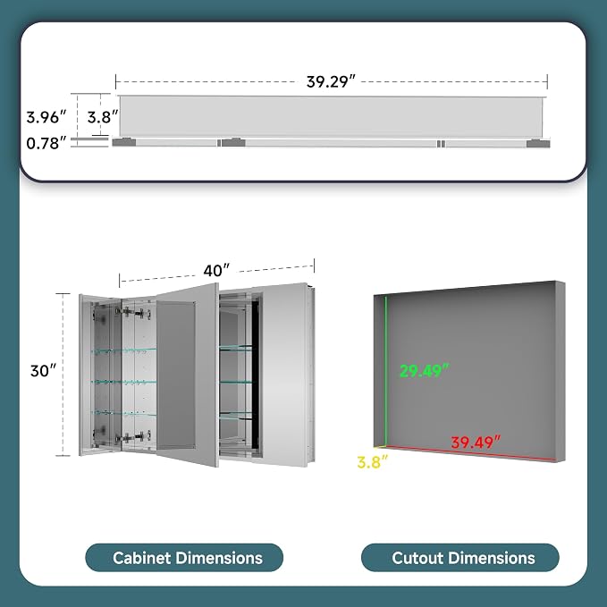 40"x30" Medicine Cabinet Mirror, Aluminum Silver Recessed Medicine Cabinet - Image 2