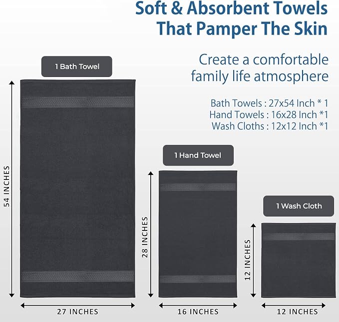 DAN RIVER 100% Ring Spun Cotton 3-Piece Towel Set, Dark Gray, Bath Towel - Image 3