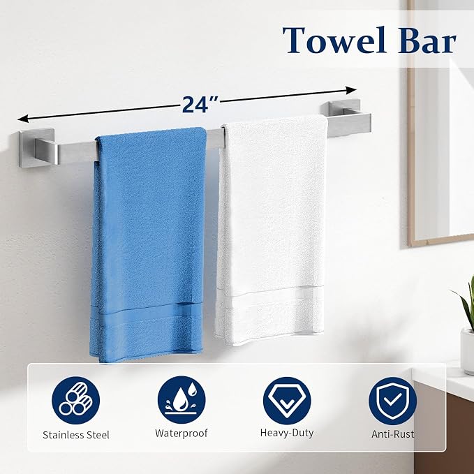 20-Pieces Brushed Nickel Bathroom Hardware Set, 24 Inch Bath Towel Bar Set - Image 3