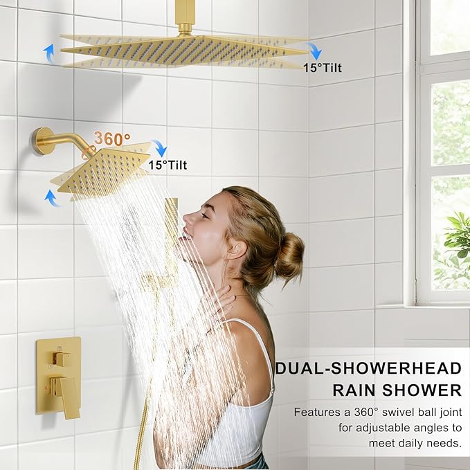 Shower Faucet Set, Ceiling Mount Rainfall Shower Head System 12" + 6" Dual Rain - Image 3