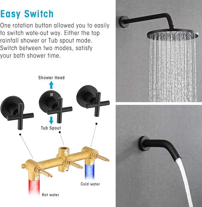 PROOX 3 Handle Tub Shower Faucet Set, Matte Black Bathtub Shower Faucets - Image 7