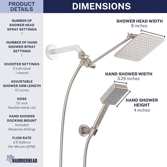 HammerHead® Solid Metal Dual Shower Head Combo — 8" Square Rain Shower Head - Image 7