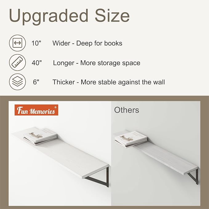 Fun Memories 40 Inch Floating Shelves, 10 Inch Deep Wall Shelf, 40 x 10 - Image 4