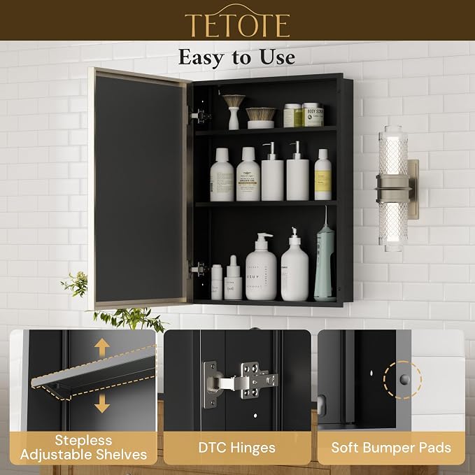 TETOTE Brushed Nickel Medicine Cabinet 20" x 26" Recessed or Surface - Image 8