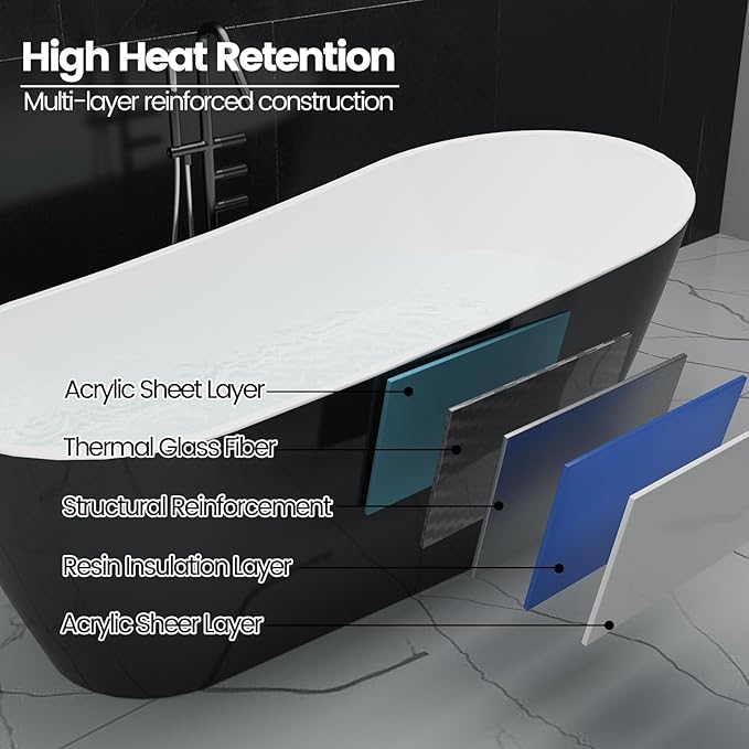 Freestanding Bathtubs 67 inch Acrylic Stand Alone Tub – Black Exterior White - Image 3