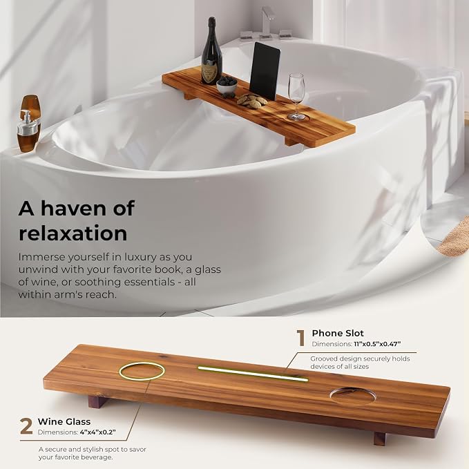 Tinamo Acacia Bathtub Caddy Tray Table | 35x9 Inch Large Bath Tub Tray Wooden | - Image 3