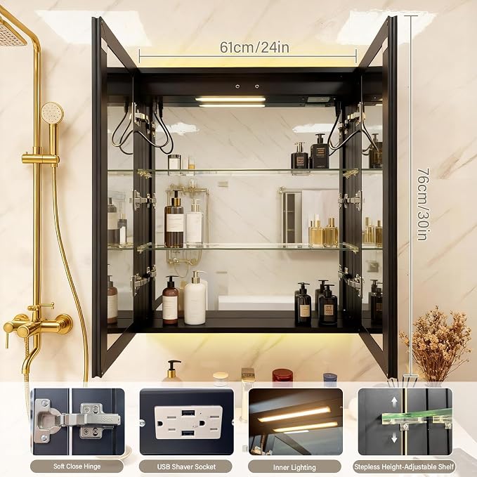 Aluminum Medicine Cabinet with Light, Stepless Glass Shelf, 3 Colors Temperature - Image 2