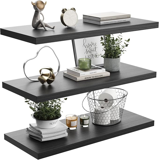 Wall Shelf Set of 3, Dark Wood Floating Shelves 30 in W x 10 in D x 1 in H by Home