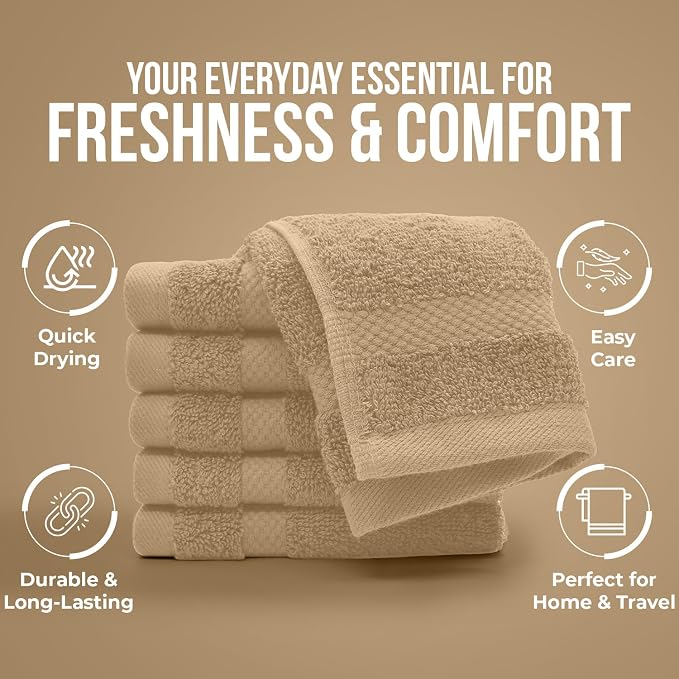 DAN RIVER 12-Pack Premium 100% Cotton TAN Face Towels – Reusable Face Towel Set - Image 7