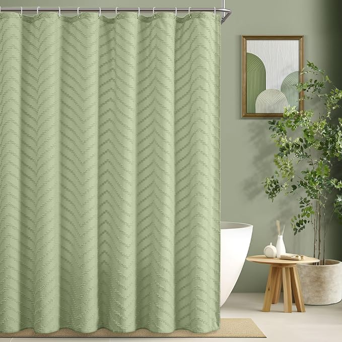 Green Shower Curtain 78 Inches Long Boho Shower Curtain Chic Tufted Chevron - Image 6