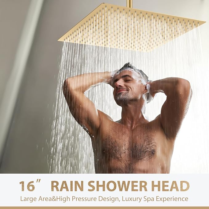 Gold Rain Shower Head, 16 Inch Ultra Thin 304 Stainless Steel Square Rainfall - Image 2