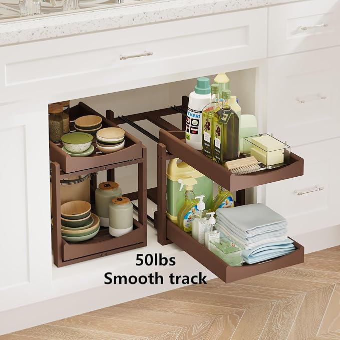 Bamboo Under Sink Organizer Adjustable Height 2 Tier Bathroom Organizer Pull - Image 5