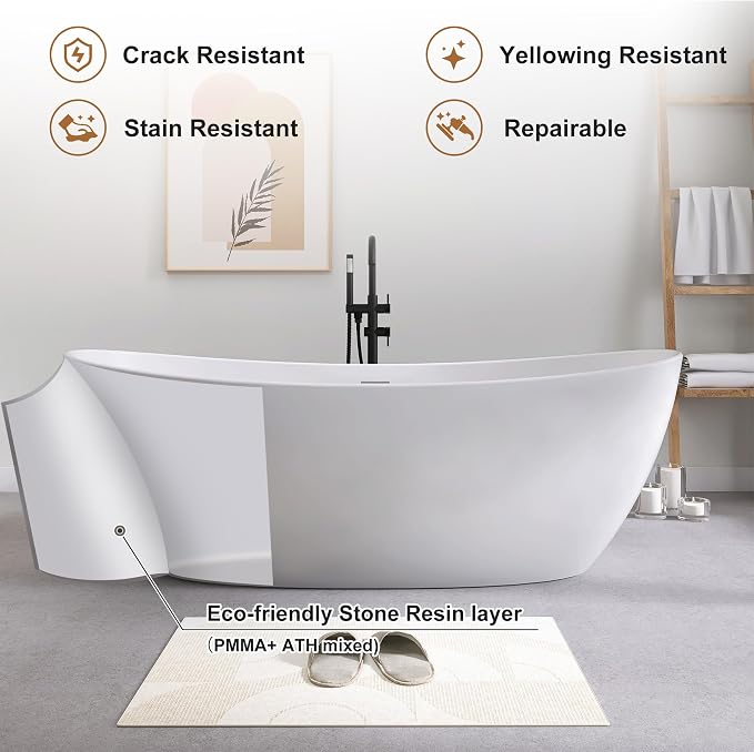 SJ STAR&JANE 73" Solid Surface Freestanding Bathtub Stone Resin Tub Oval Double - Image 3