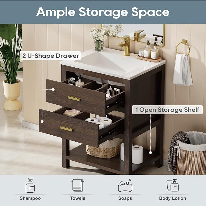 24 Inch Bathroom Vanity with Sink, Cabinet Sink Farmhouse Style with Drawers & - Image 3