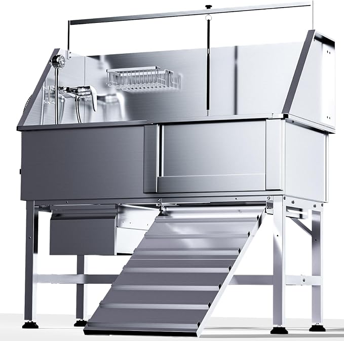 46" Dog Washing Station, Professional Stainless Steel Dog Bathtub w/Ramp & by DYTREND