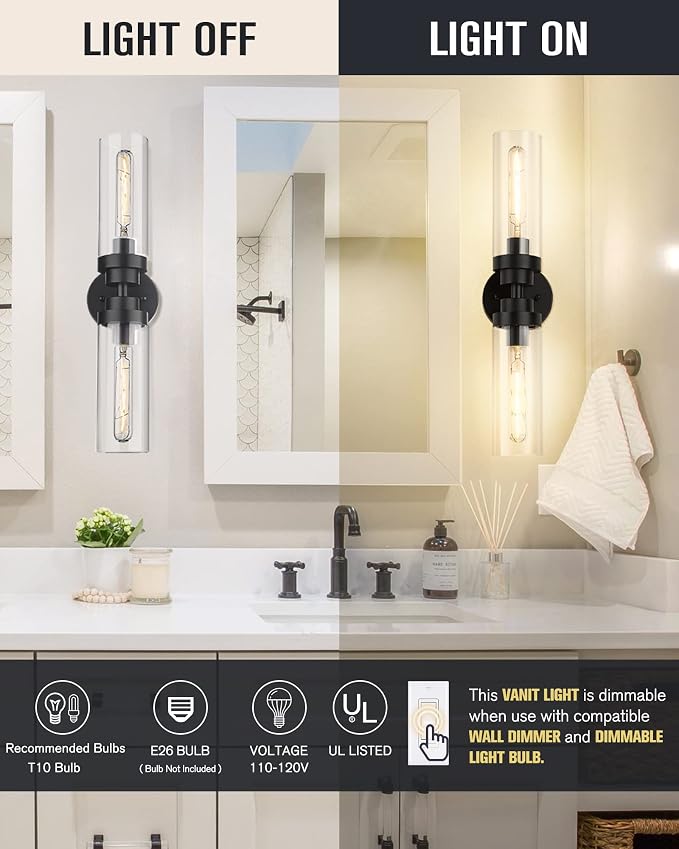 Emak 22 Inch Black Bathroom Light Fixtures Over Mirror, 2-Light Bathroom Vanity - Image 2