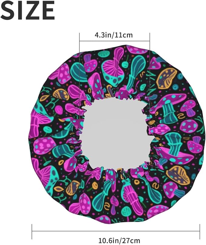 Double Layers Shower Caps for Women Girls, Colorful Mushroom Neon Glow in Dark - Image 6